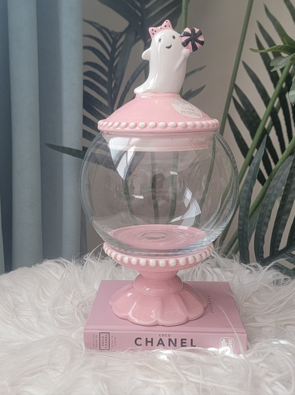 Pink Glass Candy Jar with Halloween Ghost